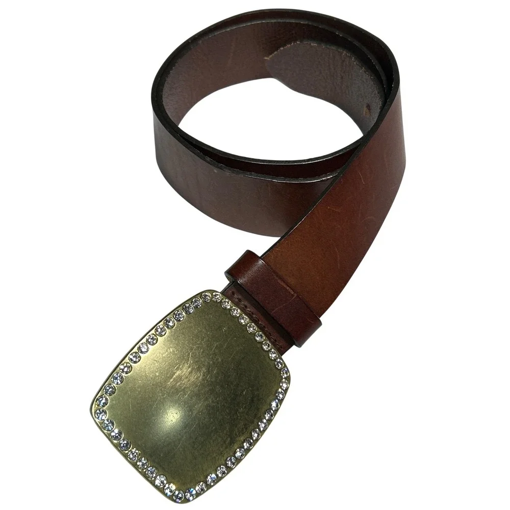 Gap Brown Leather Rhinestone Buckle Belt Womens Western USA Made Size M (28-35)